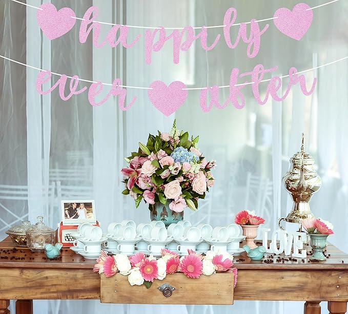 Pre-Strung Happily Ever After Banner - Pink Glitter Bachelorette Bridal Engagement Party Decoration Supplies, Bachelorette Wedding Party Banner for Engagement, Bridal Shower, Wedding Party Photo Booth Props