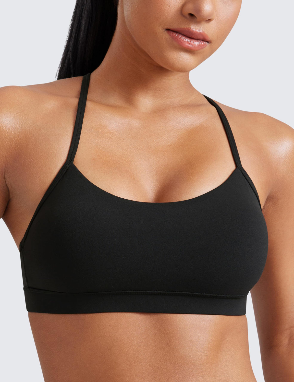 CRZ YOGA Butterluxe Y Back Sports Bras for Women - Padded Racerback Low Impact Spaghetti Thin Strap Workout Yoga Top Black Medium