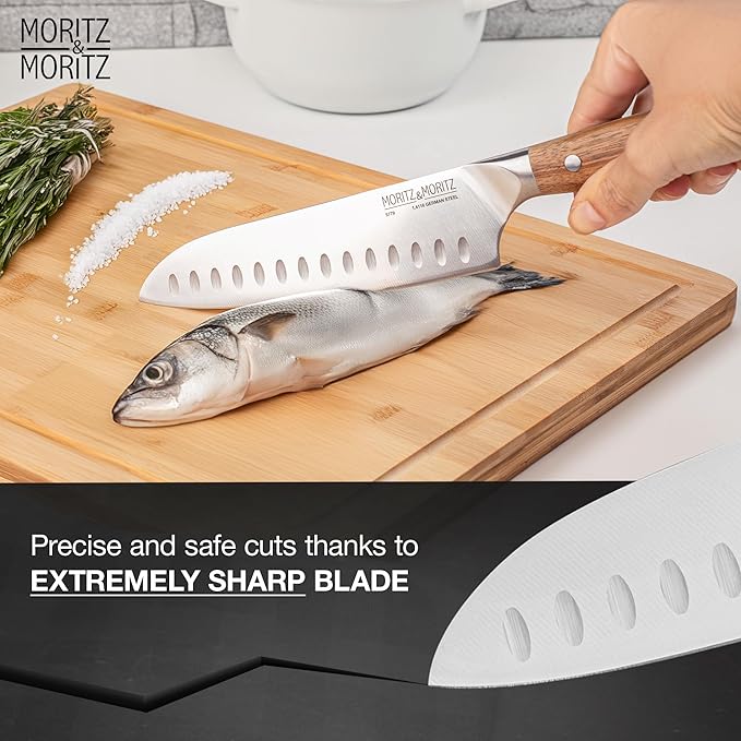 Moritz & Moritz 7-Inch Santoku Knife – Japanese Chef Knife with German Steel Blade, Acacia Wood Handle, Professional Kitchen Knives for Meat, Vegetables, Sushi, Chopping & Slicing