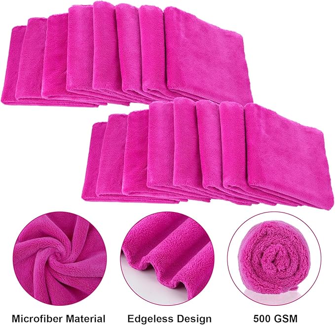 Shimeyao 30 Pcs 16 x 16 Inch Edgeless Microfiber Plush Towels for Cars Detailing Drying Wash Polishing Absorbent Cleaning Cloths, 500 GSM (Fuchsia)