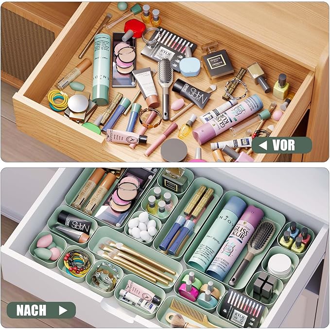 Plastic Drawer Organizers, 18 PCS Drawer Organizer Bins, Bathroom and Vanity Organizer Plastic Tray, Makeup organizer and storage for Makeup, Bedroom, Kitchen Gadgets Utensils and Office (Green)