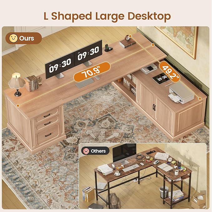 SEDETA Farmhouse L Shaped Desk with Drawers, 70.9" Home Office Desk with Storage Cabinet and Storage Shelves, L Shaped Computer Desk with Power Outlet，Oak
