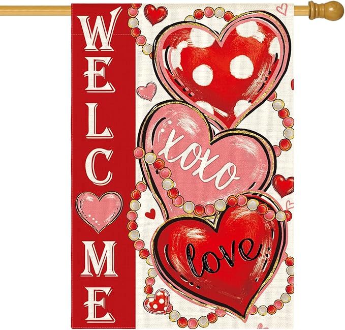 AVOIN colorlife Love Hearts Valentines Day House Flag 28x40 Inch Double Sided Outside, XOXO Welcome Anniversary Yard Outdoor Flag