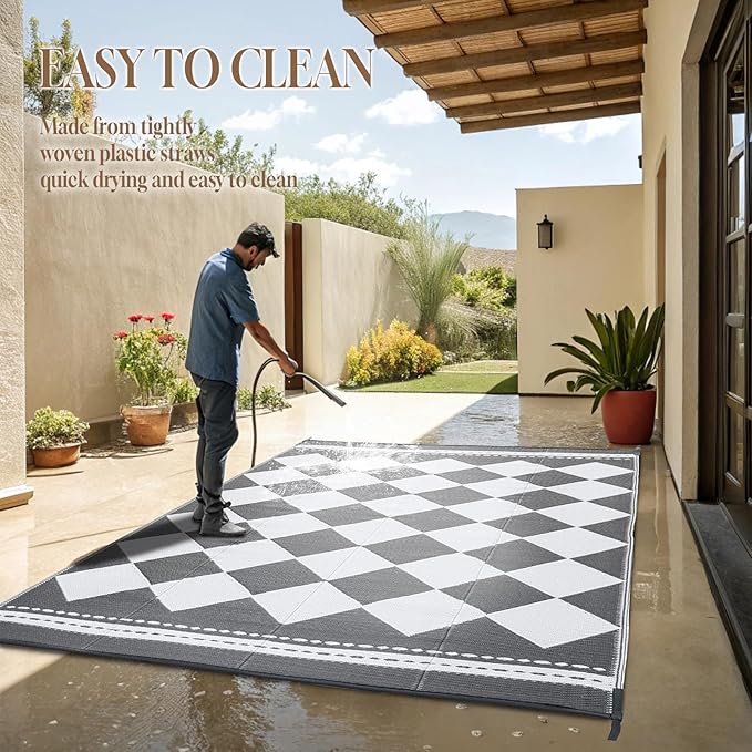 OMERAI Reversible Waterproof Outdoor Rug for Backyard,Plastic Textured Resistant Outdoors Rugs,Portable Washable Easy Cleaning Foldable Camping Beach Carpet for Patio Courtyard, 6'x9' Gray & White