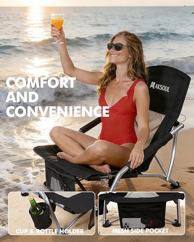 AKSOUL Folding Beach Chair for Adults: Low/High Back Chairs with Carry Bag - Extra Wide Seat Chair with Comfortable Pillow & Storage Pocket (1 Pack & 2 Pack, Blue)