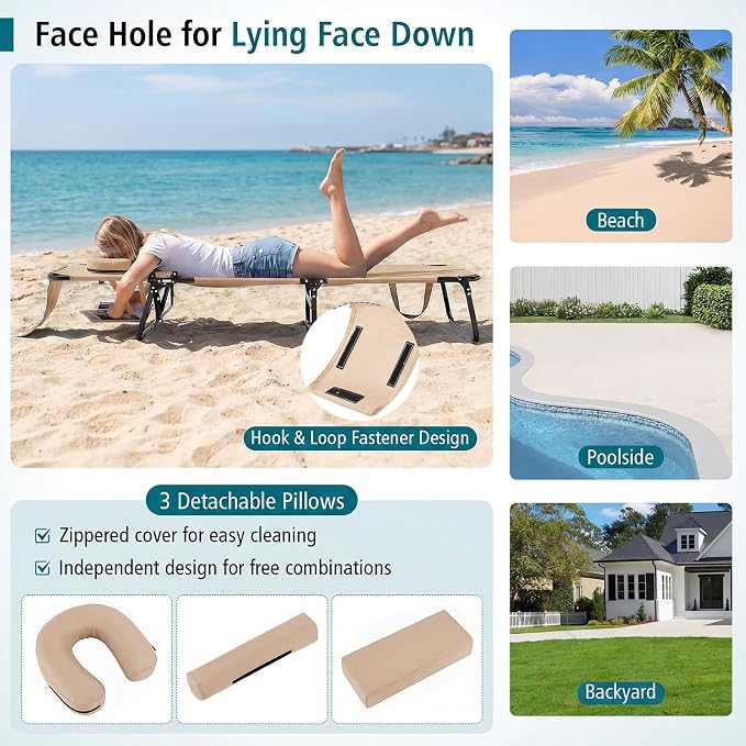 GYMAX Tanning Chair, Folding Lounge Chairs with Face Hole & Cover, Removable Pillow Carry Handle, Portable Compact Outdoor Layout Recliner for Beach, Poolside, Lawn, Patio, Camping (Sand,2)