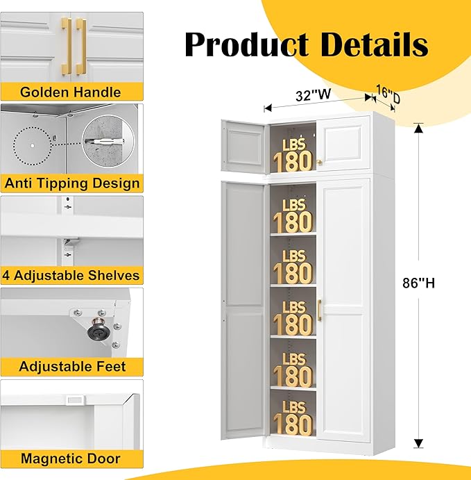 Steeloong86“ Kitchen Pantry Cabinet,Metal Storage Cabinets with Doors and 4 Adjustable Shelves,White Kitchen Cabinet with 4 Gold Handles,Tall Cabinet for Livingroom,Pantry, Bathroom