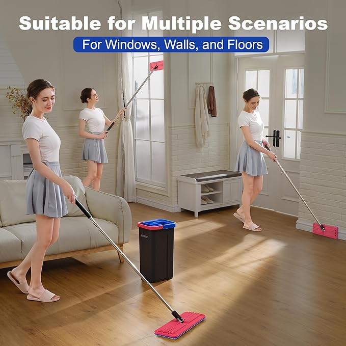 JOYMOOP Microfiber Flat Mop and Bucket System, Mops for Floor Cleaning and Wall Cleaner, Hardwood, Tile, Laminate, Vinyl Floors, Smooth Walls, and Glass Windows - 60" Flat Mop+3 Microfiber Pads[Black]