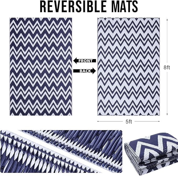 OLANLY Waterproof Outdoor Rug 5x8 ft Clearance, Reversible Outdoor Plastic Straw Rug, RV Mat, Indoor Outdoor Carpet for Patio, Camping, Balcony, Deck, Backyard, Navy & White