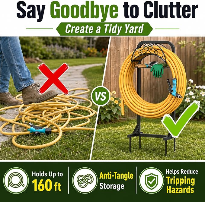 Garden Hose Holder Water Hose Reel Stand with Storage Basket Holds 160ft, Heavy Duty Freestanding Hose Stand with Triangular Base, Metal Hanger for Outside Yard Lawn, Black