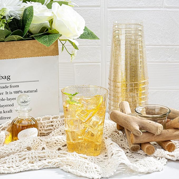 I00000 50 Pack 12 oz Gold Glitter Plastic Cups, Clear Disposable Cups, Disposable Plastic Wine Glasses Cocktail Glasses Premium Cups, 12 Ounce Glitter Tumblers for Party & Wedding