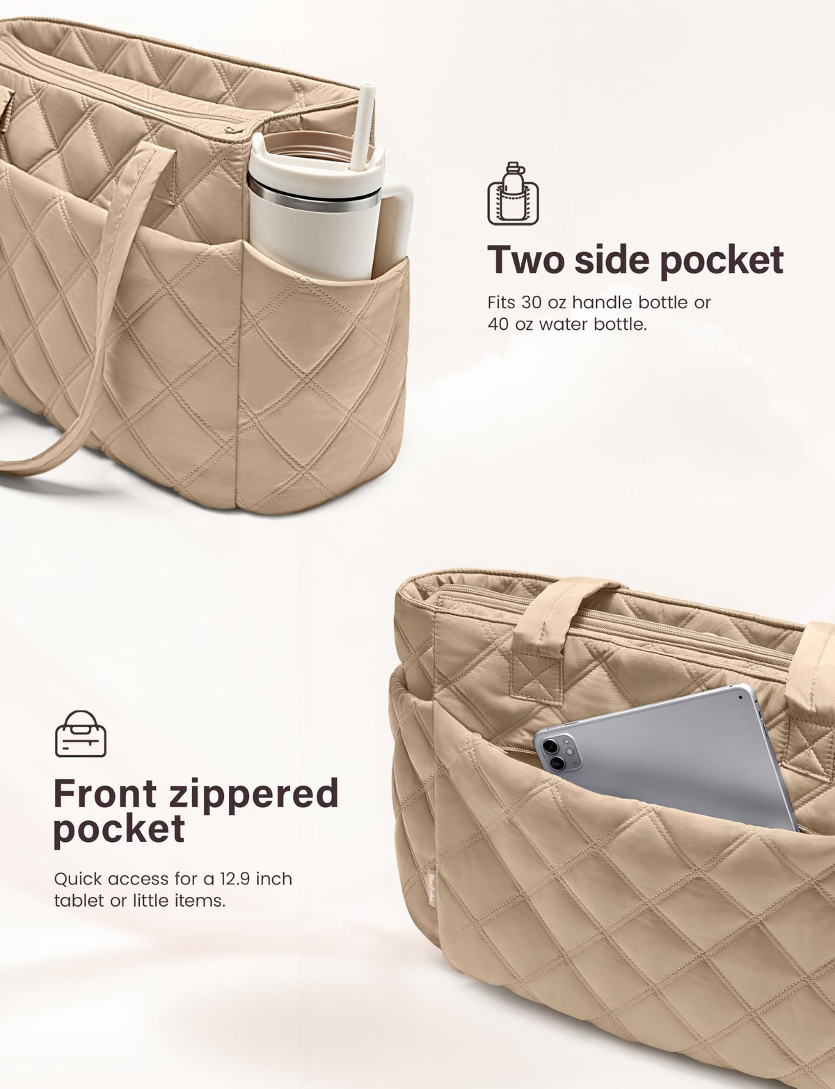 Uselike Tote Bag for Women, Lightweight Puffer Tote Work Bags with Compartments for Travel, Quilted Shoulder Bag with Zipper (Light Khaki)