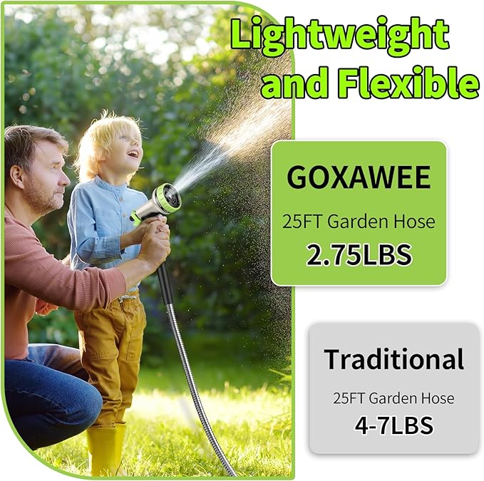 GOXAWEE Garden Hose 25FT, Stainless Steel Heavy Duty Water Hose With 10 Function Nozzle, No-Kink, Tough & Flexible, Sturdy and Lightweight, Rust Proof for Yard, Outdoor, RV