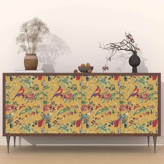 Yellow Boho Wallpaper Peel and Stick, Vintage Floral Bird Contact Paper