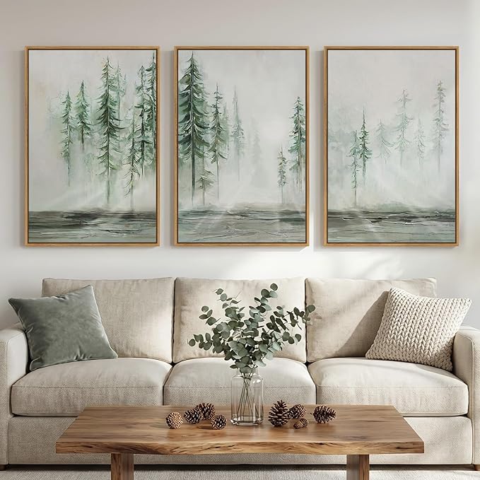 Framed Green Abstract Landscape Wall Art for Living Room, Large 3 Piece Neutral Forest Tree Canvas Artwork for Walls, Modern Wall Art Decor Nordic Painting Picture Prints for Hallway Office 24x36 Inch
