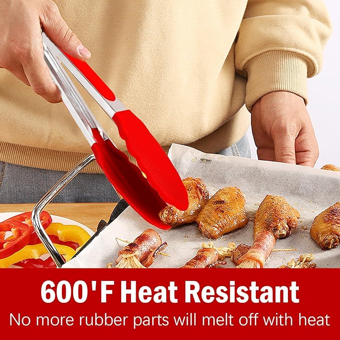 Silicone Kitchen Tongs for Cooking - 9+12 Inch Heat-Resistant Stainless Steel Cooking Tongs with Non-Slip Handle, Non-Scratch Tips for Grilling, BBQ, Salad & Air Fryer - 2-PieceRedSet