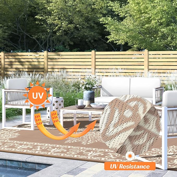 Yamaziot Outdoor Rug 9x12 Ft, Waterproof Plastic Straw Patio Rug, Reversible Backyard Carpet UV Resistant Portable RV Mat Clearance, Large Indoor Outdoor Rug for Patio, Porch, Deck, Balcony, Brown