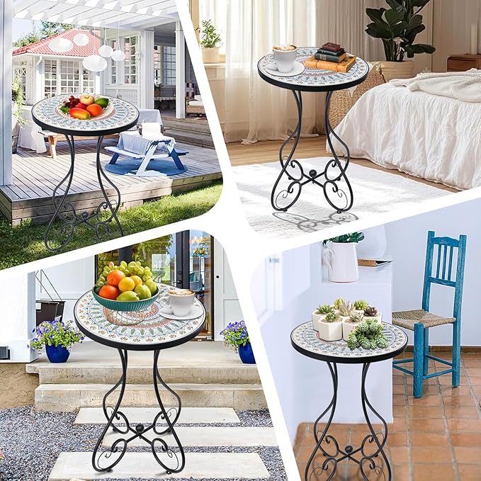 VCUTEKA Mosaic Outdoor Side Table, Round Rustproof Patio Tables with 14" Ceramic Tile Top, Indoor Porch Accent Table for Yard, Garden, Living Room, Bistro Balcony, Green