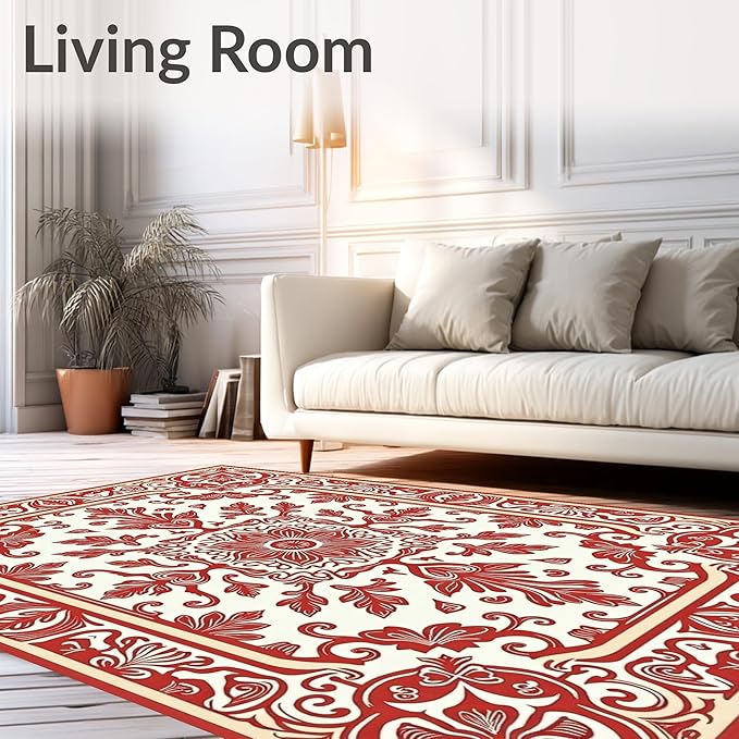 Flatwoven High Traffic Area Rug 6x9, Vintage Floral Medallion Shower Curtain with Coordinated Bathroom, Non Slip, Stain Resistant, Washable Area Rugs for Living Room, Bedroom (Red, 6x9)