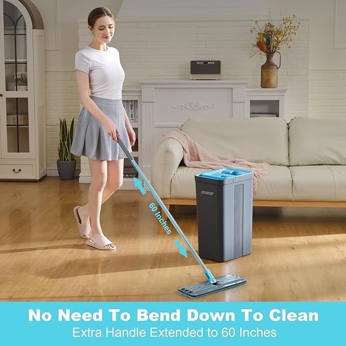 JOYMOOP Mop and Bucket Set with Wringer, Mops for Floor Cleaning, Wall Mop Cleaner with Long Handle, with 4 Reusable Microfiber Mop Pads - Grey+Cyan Blue