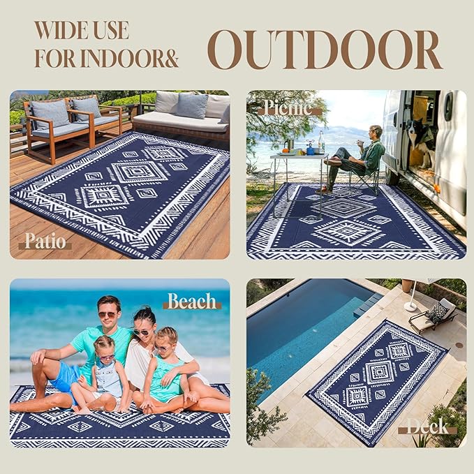 OMERAI Reversible Waterproof Outdoor Rug for Backyard,Plastic Textured Resistant Outdoors Rugs,Portable Washable Easy Cleaning Foldable Camping Beach Carpet for Patio Courtyard, 8'x10' Blue & White