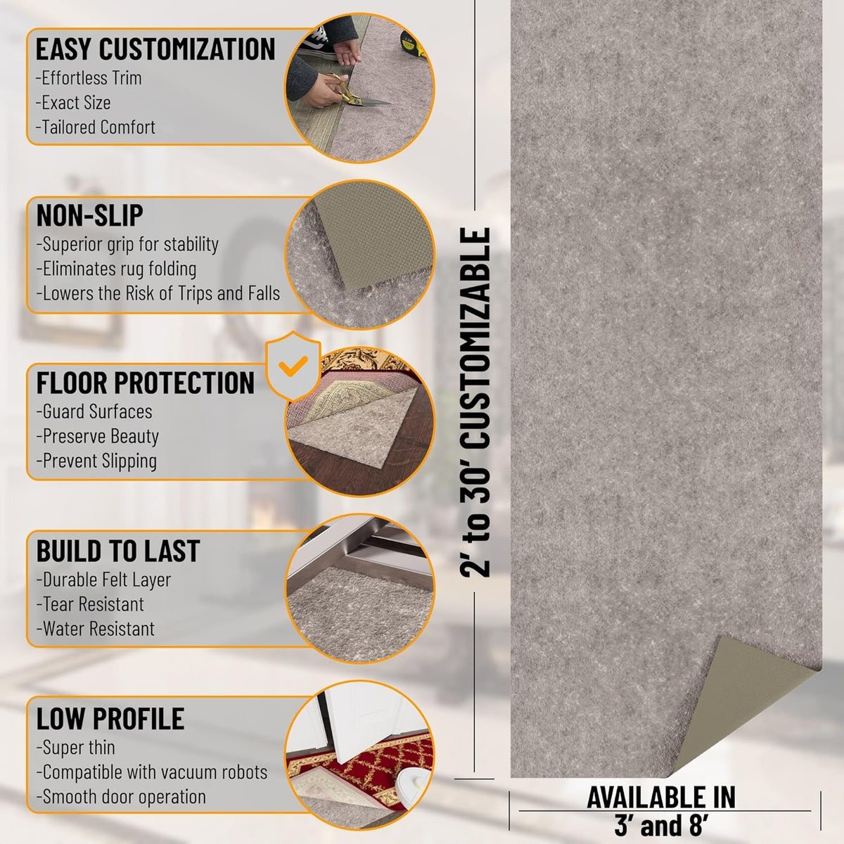 Ottomanson 8' x 10' Non-Slip Rug Pad Gripper 1/4 Inch Thick Dual Surface Felt + Rubber Gripper - Safe for All Floors, Brown
