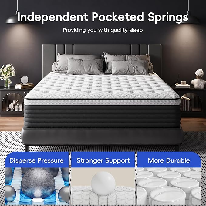 COOLMI Full Size Mattress, 12 Inch Hybrid Memory Foam Mattress in a Box, Pressure Relief for Back Support, Medium Firm, Individually Pocket Springs, 100-Night Trial & CertiPUR-US Certified, Grey Full