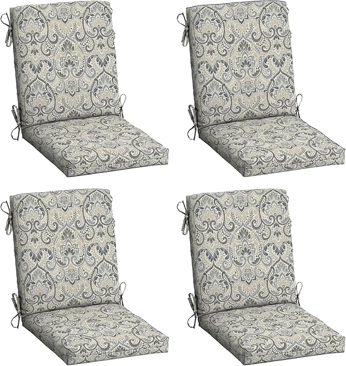 Arden 4-Pack Outdoor Patio Dining Chair Cushion, 20x44, Rain-Proof Seat Pad, Fade-Resistant Outdoor Cushion Neutral Aurora Damask