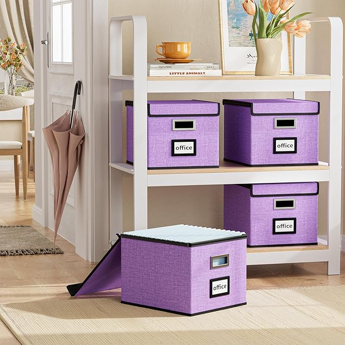 Decorative File Organizer Storage Boxes with Lid, Huolewa Linen Hanging Filing & Storage Box with Plastic Slide for Office/Decor/Home, Universal Hanging Filing Organization Box for Letter/Legal Folder