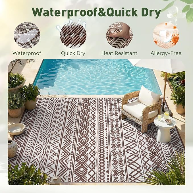 MontVoo-Outdoor Rug Carpet Waterproof 6x9 ft Reversible Patio Rug RV Camping Rug-Plastic Straw Rug Outside Indoor Outdoor Area Rug for Patio Deck Balcony Picnic Beach Outdoor Decor Boho Beige Brown