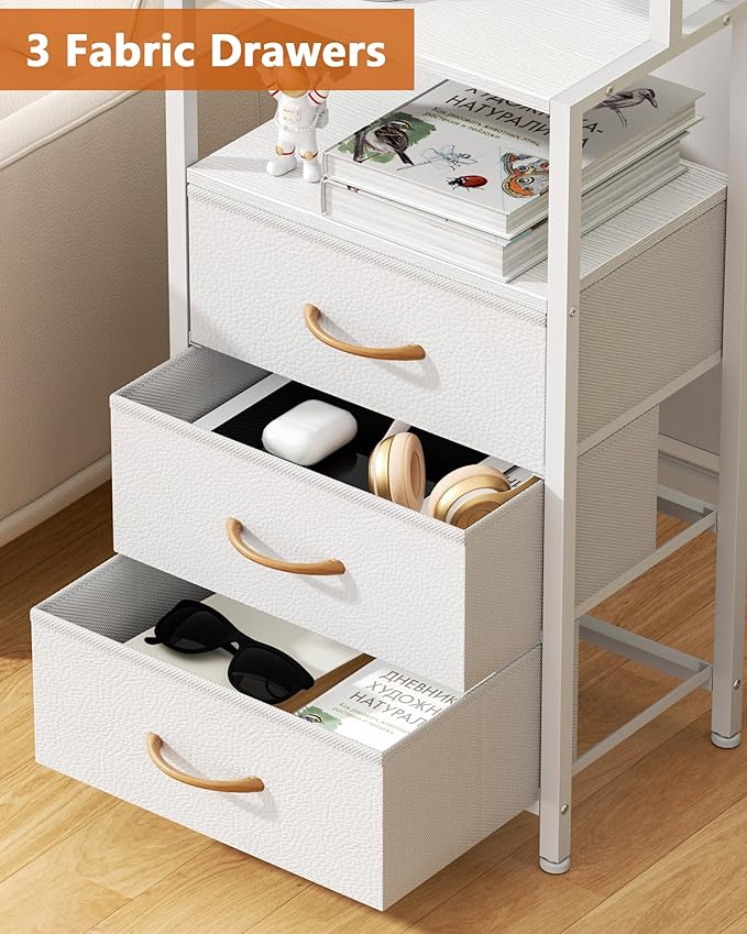 Furnulem Night Stand, White Bedside Nightstand with 4-Tier Shelves and 3 Fabric Drawers, LED Bed Side Tables with Charging Station, Tall Dresser for Bedroom, Hallway, Office