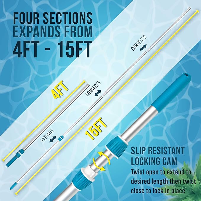 U.S. Pool Supply Telescoping Pole 15-Foot Aluminum Pool Pole Telescopic Cleaning, Adjustable 4 Piece Expandable Step-Up - Twist Locking Cams, Attach Connect Skimmer Net Rake Brush Vacuum Heads Hoses