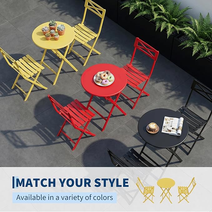 Outdoor Round Bistro Set 3 Piece, Yellow Iron Patio Furniture Set with Round Table & 2 Chairs, Foldable Steel Backyard Deck Porch Garden Furniture, Space Saving Outdoor Dining Set for Small Spaces
