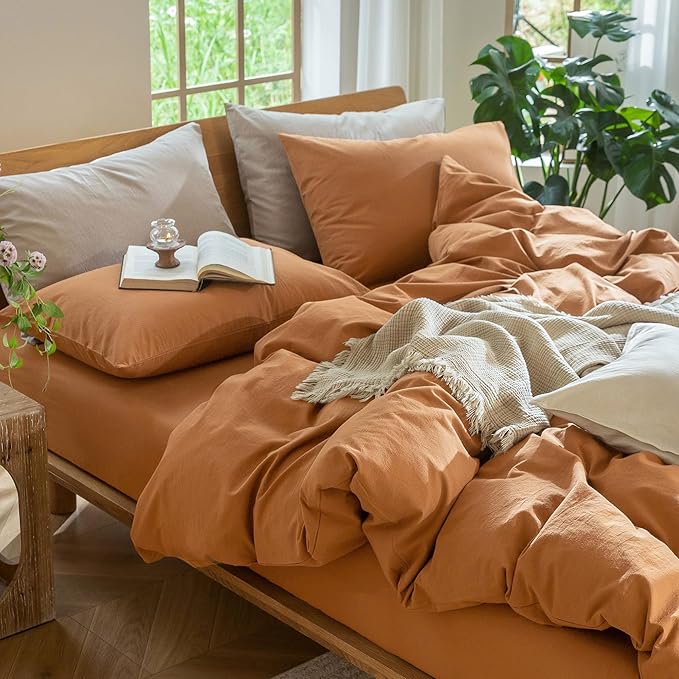 MooMee Bedding Duvet Cover Set 100% Washed Cotton Linen Like Textured Breathable Durable Soft Comfy (Solid Burnt Orange, Full 80"x90")
