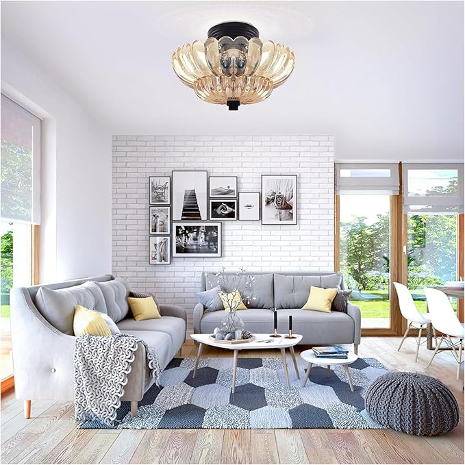 Semi Flush Mount Ceiling Light,Modern Brown Ceiling Light Fixture with Clear Glass for Living Room Hallway Close to Ceiling Light Fixture,Kitchen Lighting Fixtures Ceiling,Bulbs Not Included