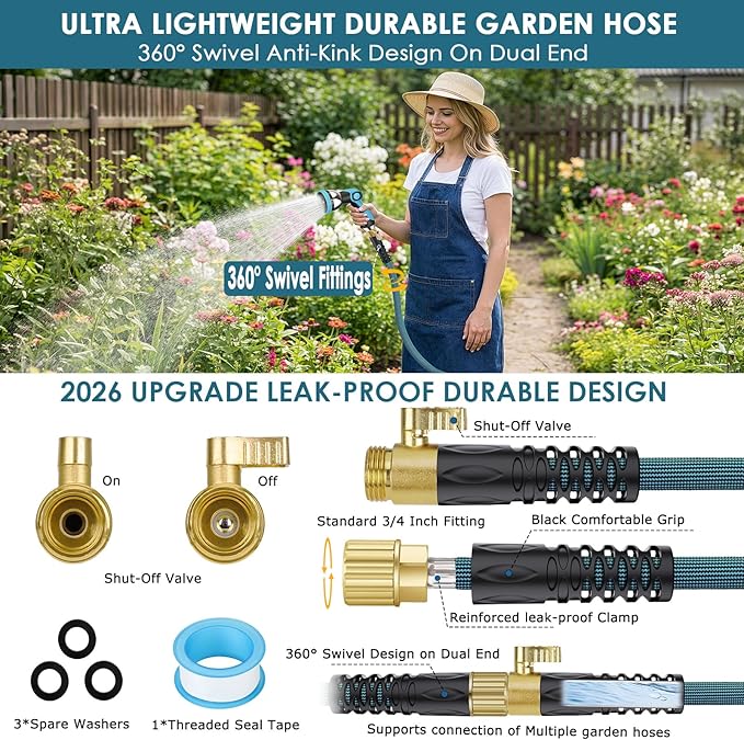 FlexiSolve Garden Hose 100 ft, Non-Expandable Lightweight Water Hose, 360° Swivel Anti-Kink Fittings, 10-Pattern Spray Nozzle & Shut-Off Valve, Flexible Water Hose for Yard, Lawn, Car Wash, Blue