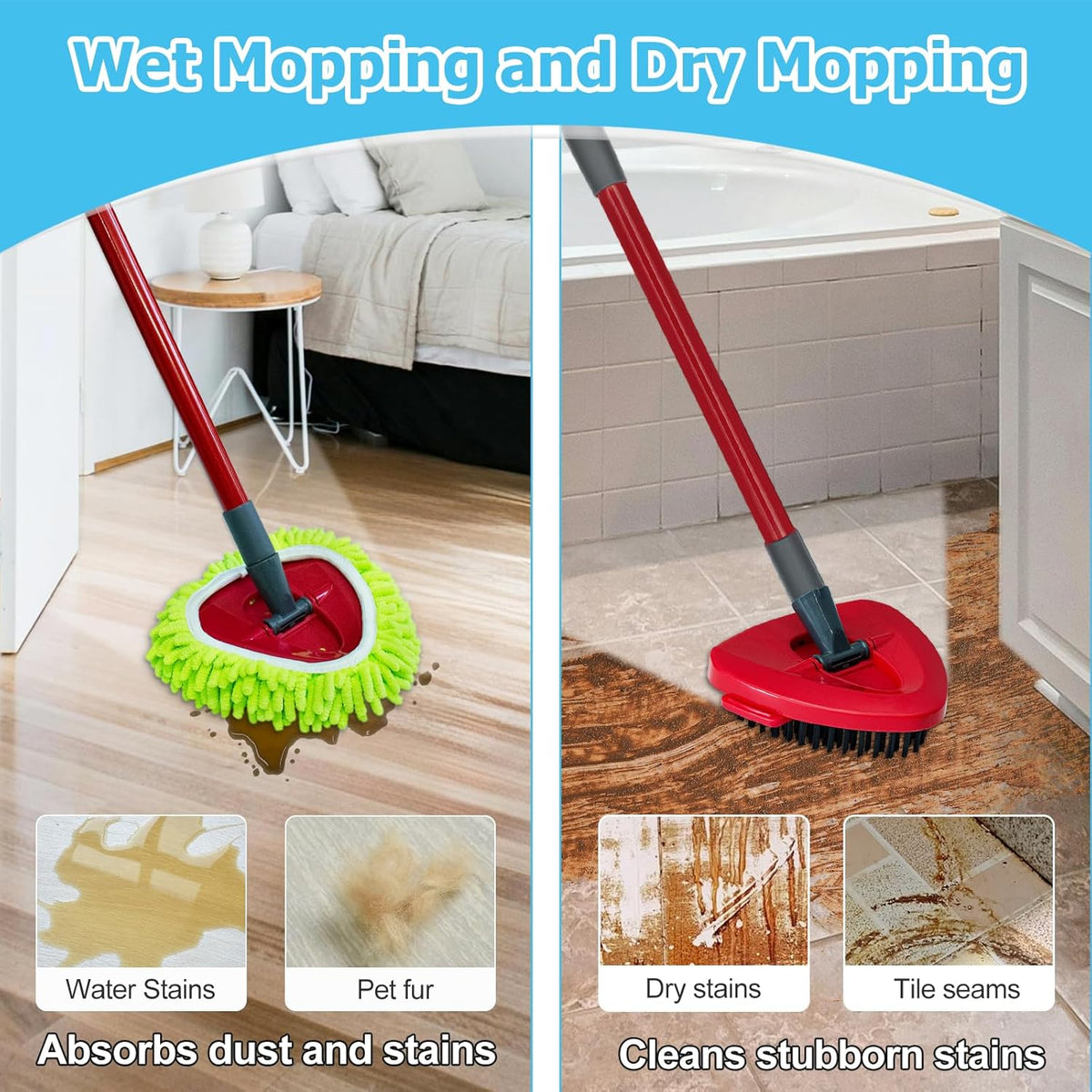 Spin Mop Handle, Mop Replace Heads, Scrubber Head and Base Replacement for O-Cedar EasyWring 1 Tank System, 2 Microfiber Mops Heads Replacements and 1 Scrub Brush, Use for Wet/Dry Hard Floor Cleaning