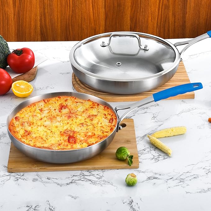 Inqibee 8.5-10-12 Inch Tri-Ply Stainless Steel Frying Pan Set with Lid,Skillets,Induction Cooking Pans,Pots and Pans Set,Dishwasher and Oven Safe,Detachable Handle.