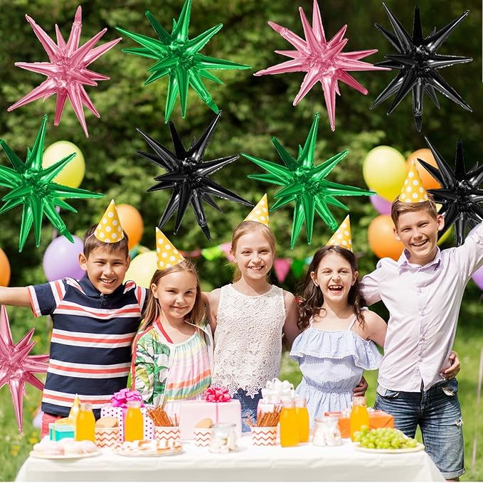 Pink Green Black Star Balloons,9Pcs 22Inch Pink Green Explosion Spike Cone Helium Star Foil Balloons for Witch Birthday Anniversary Disco Party Decorations
