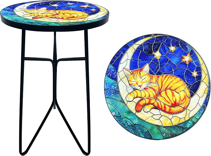 12 Inch Folding Outdoor Side Tea Table,Moon Kitten Small Accent Tables, Plant Tables Indoor,Garden or Living Room Decor Afternoon Tea Dinner Table, Simple Assembly Cast Iron Plant Stand