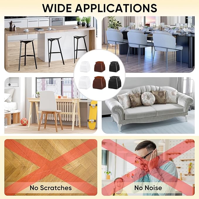 BALEINE 32 Pack Silicone Chair Leg Floor Protectors, Stool Leg Protectors Cap, Non-Slip Chair Leg Caps for Hardwood Floors (Brown & Small (Square), 32 Pack)