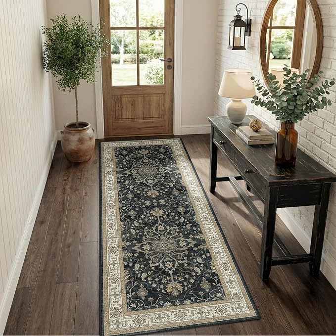 Area Rugs 2'x6' Runner Rug Non Slip Washable for Kitchen Hallway Bedroom Beside Laundry Room Bathroom Rug, Floor Carpet, Vintage Black Brown Neutral