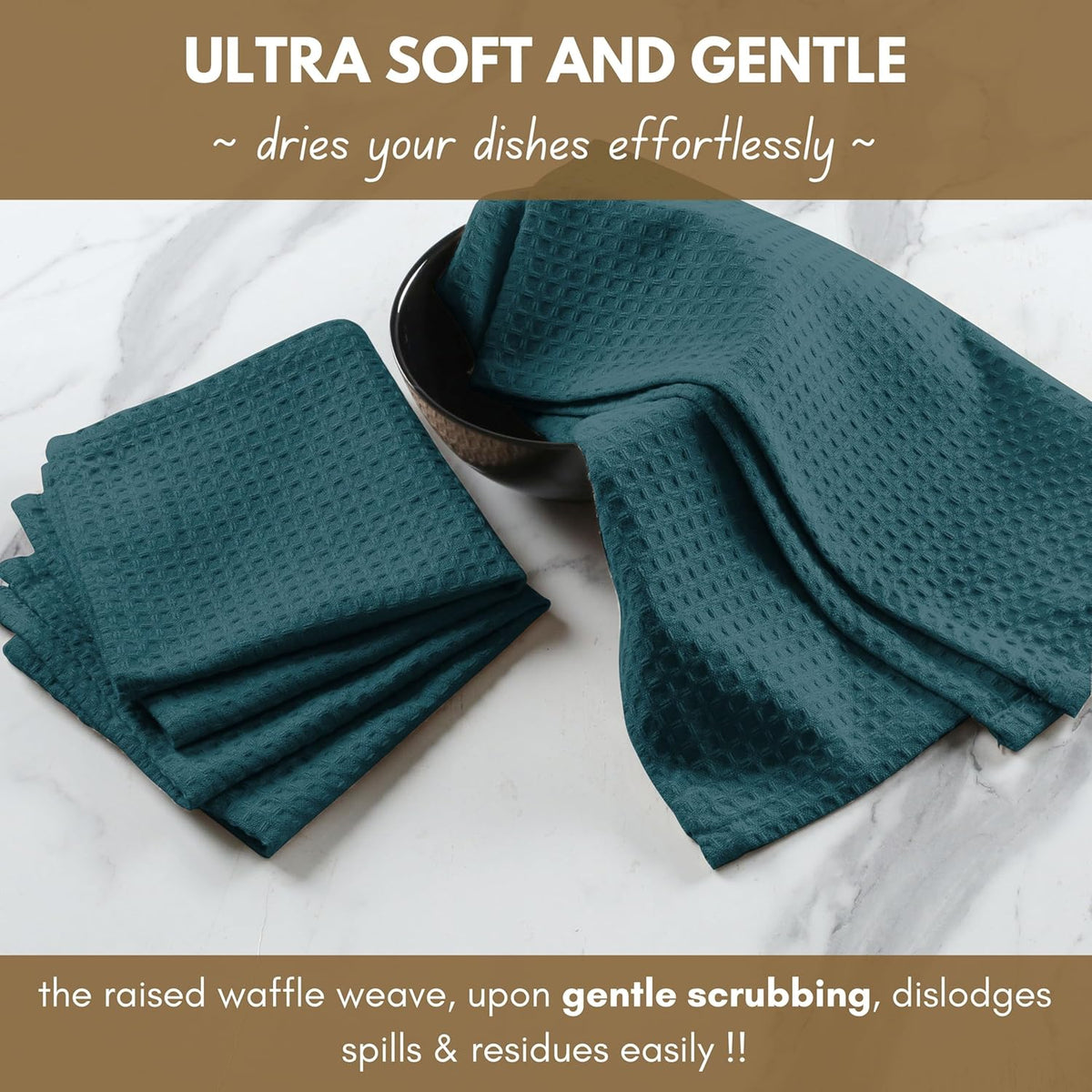 Native Fab Cotton Kitchen Towel with Hanging Loop 16x26 inches, 12-Pack, Waffle Weave Kitchen Towels for Cleaning Drying, Washcloths Soft & Absorbent Cloth Rags, Bar Towel, Dish Cloth, Teal Green