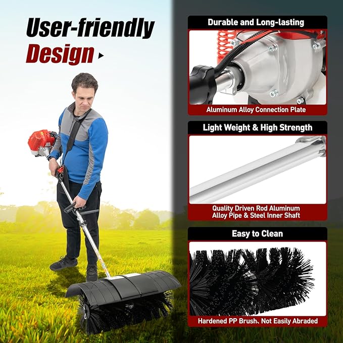 52CC 2-Stroke Gas Handheld Sweeper, 2.3HP Engine Power Snow Sweeping Broom Cleaning Driveway Turf Lawns, Portable Artificial Grass Brush Power Broom Sweeper Cleaner Tools