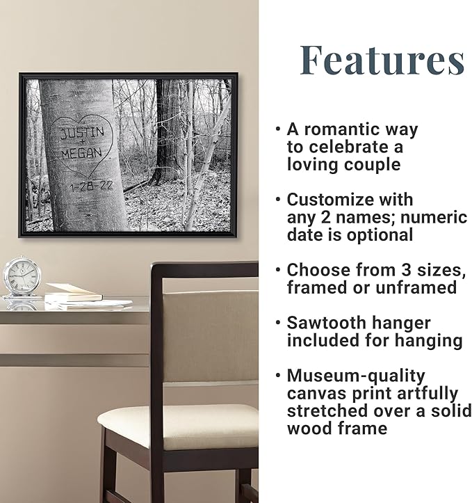 Let's Make Memories Personalized Canvas Wall Art For Couples - Engagement, Wedding, Newlyweds, Anniversary - Home Decor - Carved Heart B&W - Canvas - 16x20