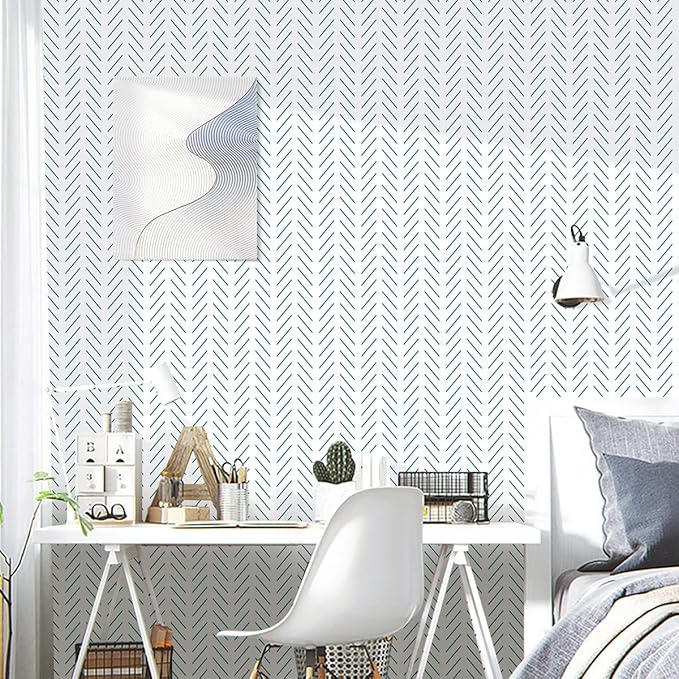Erfoni Green and White Peel and Stick Wallpaper Herringbone Contact Paper