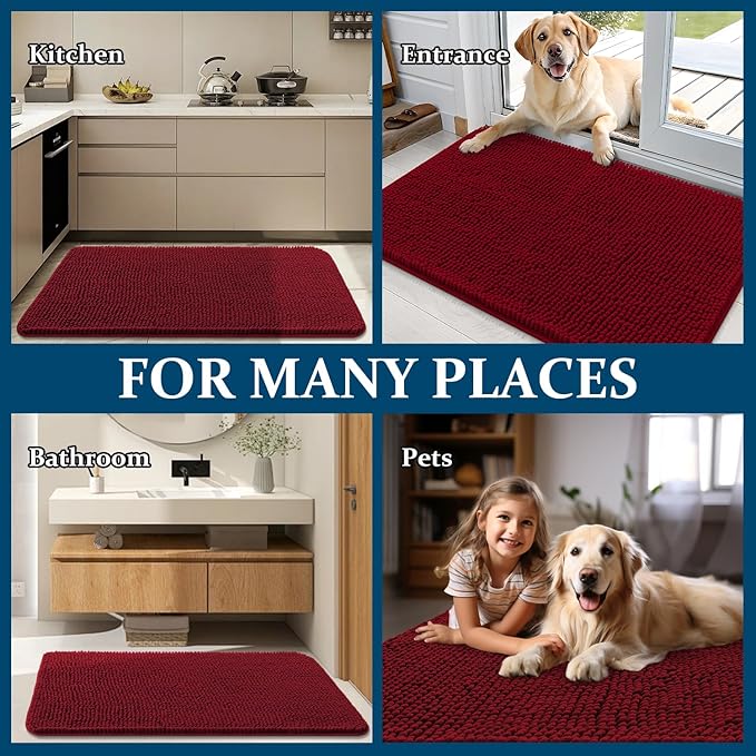 OLANLY Dog Door Mat for Muddy Paws 54x32, Absorbs Moisture and Dirt, Absorbent Non-Slip Washable Doormat, Quick Dry Chenille Mud Mat for Dogs, Entry Indoor Entryway Carpet for Inside Floor, Red