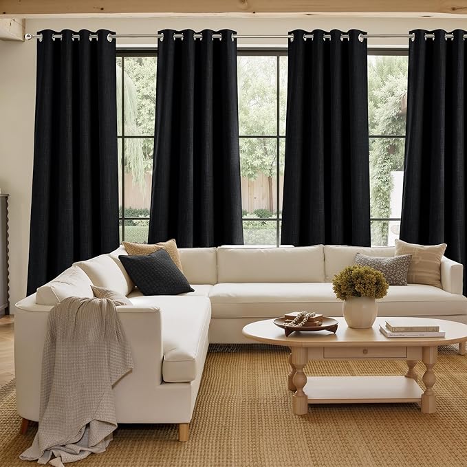 NICETOWN Black Faux Linen Room Darkening Rod Pocket Curtains 63 inch Length