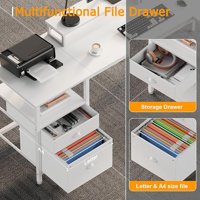 Furologee White 59” L Shaped Desk with Power Outlet, Reversible Computer Desk with File Drawer & 2 Monitor Stands, Corner Home Office Table with Storage Shelves for Gaming Writing
