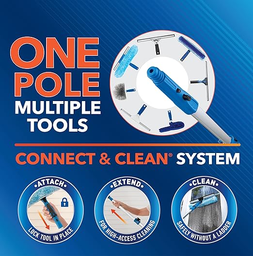 Unger Professional Connect and Clean 18” Grip Microfiber Window Scrubber with 8’ Pole, High-Access Glass Surface Household Cleaning Supplies and Tools, Reusable Microfiber Sleeve